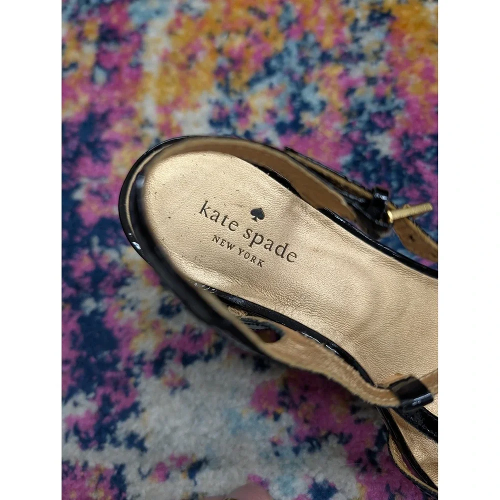 Kate Spade Theodora Black Patent Leather Cork Wedge‎ T-Strap Sandals- Size 10